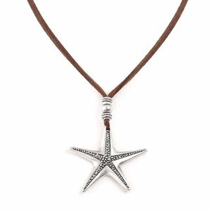 Silver Starfish Pendant Necklace Brown Cord Boho Beach Jewelry
C3